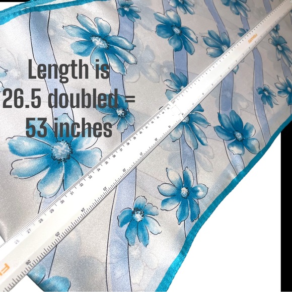 100% Silk Scarf - ELAINE GOLD for Collection XIIX - Blue White Floral 53” x 10” - Picture 10 of 13